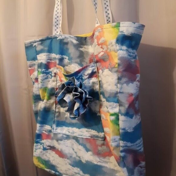New Rainbow Clouds Tote Shopper Book shoulder Bag Blue Yellow Pink Double handle - Picture 4 of 8